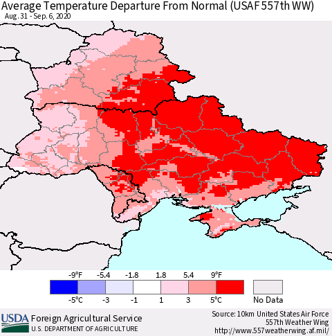 Ukraine, Moldova and Belarus Average Temperature Departure from Normal (USAF 557th WW) Thematic Map For 8/31/2020 - 9/6/2020