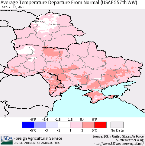 Ukraine, Moldova and Belarus Average Temperature Departure From Normal (USAF 557th WW) Thematic Map For 9/7/2020 - 9/13/2020