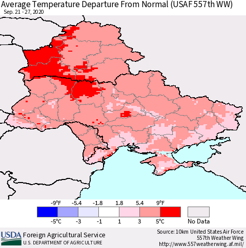Ukraine, Moldova and Belarus Average Temperature Departure from Normal (USAF 557th WW) Thematic Map For 9/21/2020 - 9/27/2020