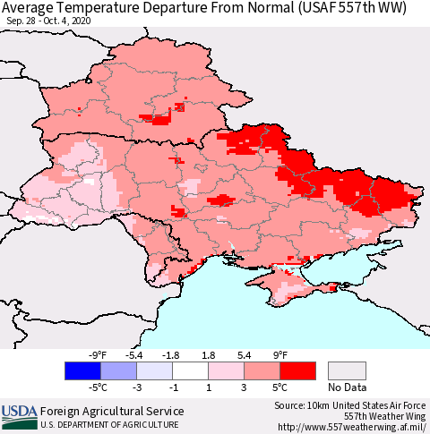 Ukraine, Moldova and Belarus Average Temperature Departure from Normal (USAF 557th WW) Thematic Map For 9/28/2020 - 10/4/2020