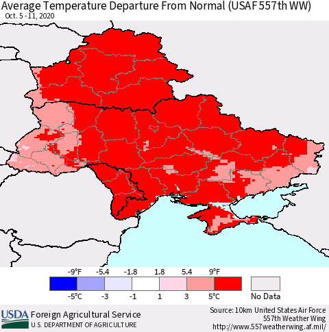 Ukraine, Moldova and Belarus Average Temperature Departure from Normal (USAF 557th WW) Thematic Map For 10/5/2020 - 10/11/2020