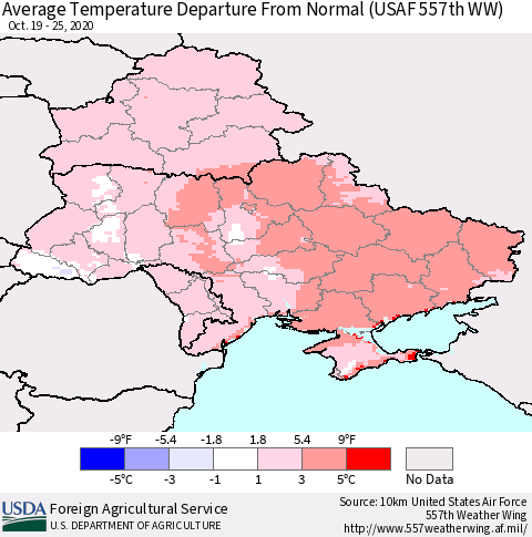 Ukraine, Moldova and Belarus Average Temperature Departure From Normal (USAF 557th WW) Thematic Map For 10/19/2020 - 10/25/2020