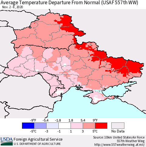 Ukraine, Moldova and Belarus Average Temperature Departure from Normal (USAF 557th WW) Thematic Map For 11/2/2020 - 11/8/2020