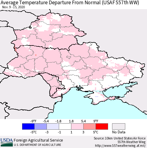 Ukraine, Moldova and Belarus Average Temperature Departure from Normal (USAF 557th WW) Thematic Map For 11/9/2020 - 11/15/2020