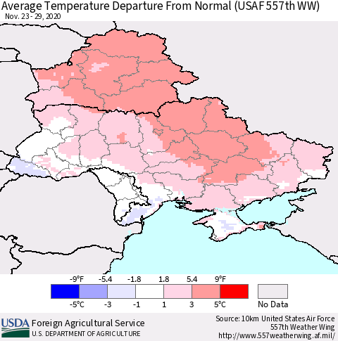 Ukraine, Moldova and Belarus Average Temperature Departure from Normal (USAF 557th WW) Thematic Map For 11/23/2020 - 11/29/2020