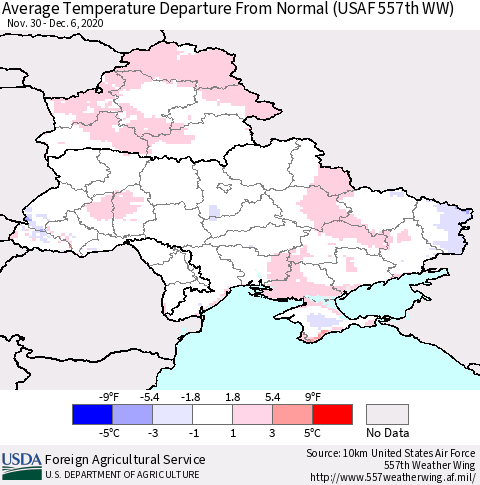 Ukraine, Moldova and Belarus Average Temperature Departure from Normal (USAF 557th WW) Thematic Map For 11/30/2020 - 12/6/2020