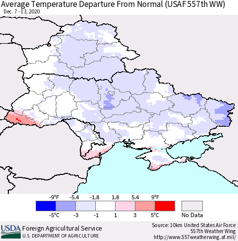 Ukraine, Moldova and Belarus Average Temperature Departure from Normal (USAF 557th WW) Thematic Map For 12/7/2020 - 12/13/2020