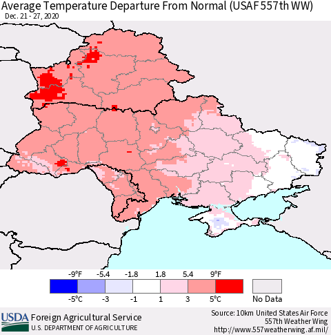 Ukraine, Moldova and Belarus Average Temperature Departure from Normal (USAF 557th WW) Thematic Map For 12/21/2020 - 12/27/2020