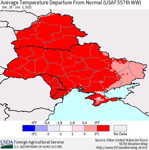 Ukraine, Moldova and Belarus Average Temperature Departure from Normal (USAF 557th WW) Thematic Map For 12/28/2020 - 1/3/2021
