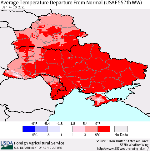 Ukraine, Moldova and Belarus Average Temperature Departure from Normal (USAF 557th WW) Thematic Map For 1/4/2021 - 1/10/2021