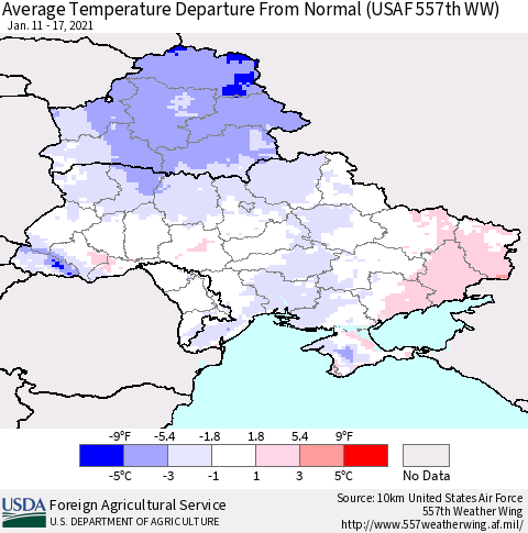 Ukraine, Moldova and Belarus Average Temperature Departure from Normal (USAF 557th WW) Thematic Map For 1/11/2021 - 1/17/2021