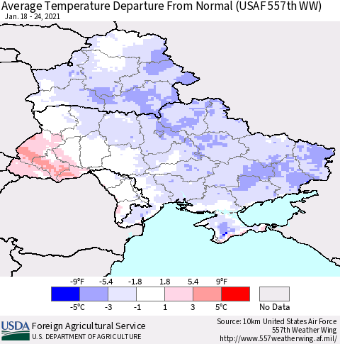 Ukraine, Moldova and Belarus Average Temperature Departure From Normal (USAF 557th WW) Thematic Map For 1/18/2021 - 1/24/2021