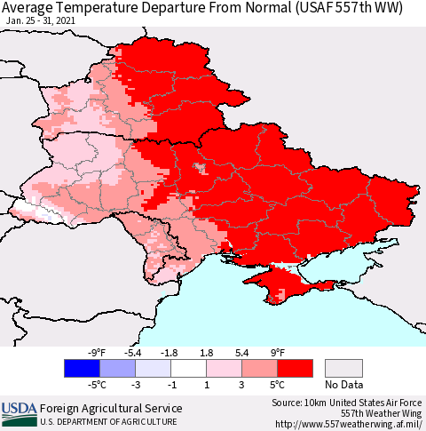 Ukraine, Moldova and Belarus Average Temperature Departure from Normal (USAF 557th WW) Thematic Map For 1/25/2021 - 1/31/2021