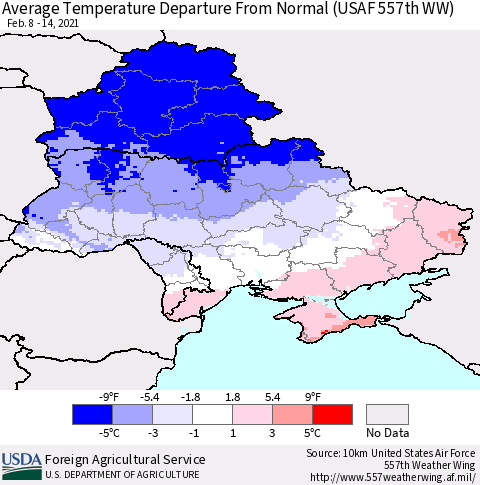 Ukraine, Moldova and Belarus Average Temperature Departure From Normal (USAF 557th WW) Thematic Map For 2/8/2021 - 2/14/2021