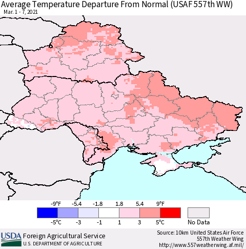Ukraine, Moldova and Belarus Average Temperature Departure From Normal (USAF 557th WW) Thematic Map For 3/1/2021 - 3/7/2021