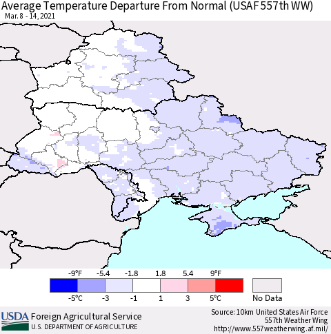 Ukraine, Moldova and Belarus Average Temperature Departure from Normal (USAF 557th WW) Thematic Map For 3/8/2021 - 3/14/2021