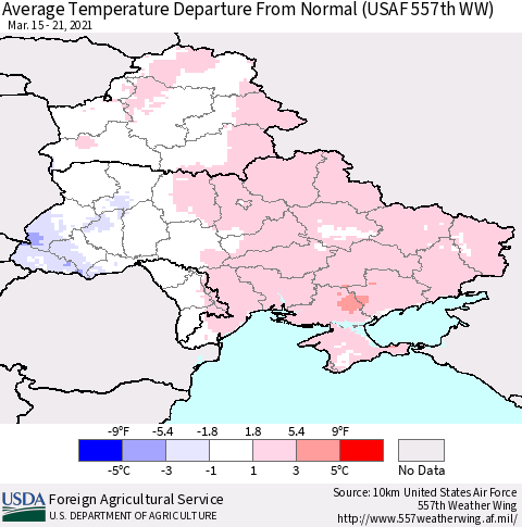 Ukraine, Moldova and Belarus Average Temperature Departure from Normal (USAF 557th WW) Thematic Map For 3/15/2021 - 3/21/2021