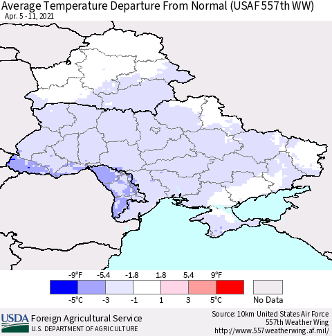 Ukraine, Moldova and Belarus Average Temperature Departure from Normal (USAF 557th WW) Thematic Map For 4/5/2021 - 4/11/2021
