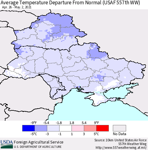 Ukraine, Moldova and Belarus Average Temperature Departure from Normal (USAF 557th WW) Thematic Map For 4/26/2021 - 5/2/2021