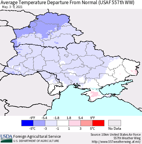 Ukraine, Moldova and Belarus Average Temperature Departure From Normal (USAF 557th WW) Thematic Map For 5/3/2021 - 5/9/2021