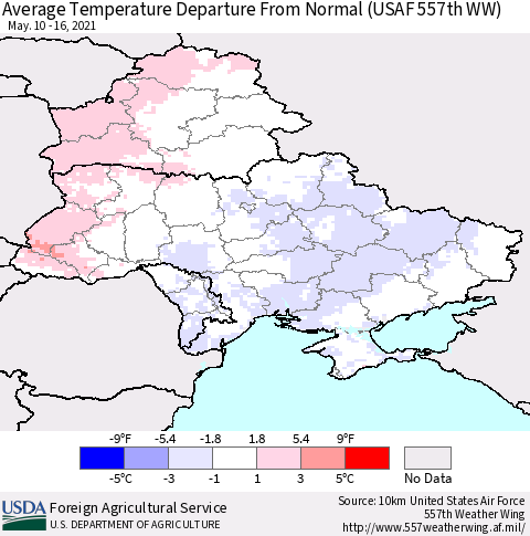 Ukraine, Moldova and Belarus Average Temperature Departure from Normal (USAF 557th WW) Thematic Map For 5/10/2021 - 5/16/2021