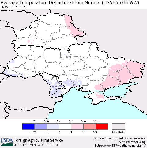 Ukraine, Moldova and Belarus Average Temperature Departure from Normal (USAF 557th WW) Thematic Map For 5/17/2021 - 5/23/2021
