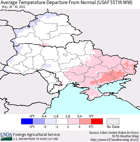 Ukraine, Moldova and Belarus Average Temperature Departure from Normal (USAF 557th WW) Thematic Map For 5/24/2021 - 5/30/2021