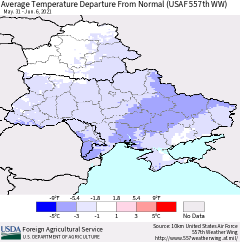 Ukraine, Moldova and Belarus Average Temperature Departure from Normal (USAF 557th WW) Thematic Map For 5/31/2021 - 6/6/2021