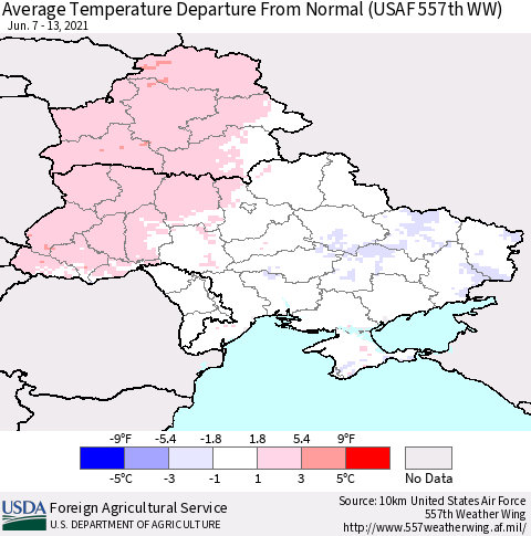 Ukraine, Moldova and Belarus Average Temperature Departure from Normal (USAF 557th WW) Thematic Map For 6/7/2021 - 6/13/2021