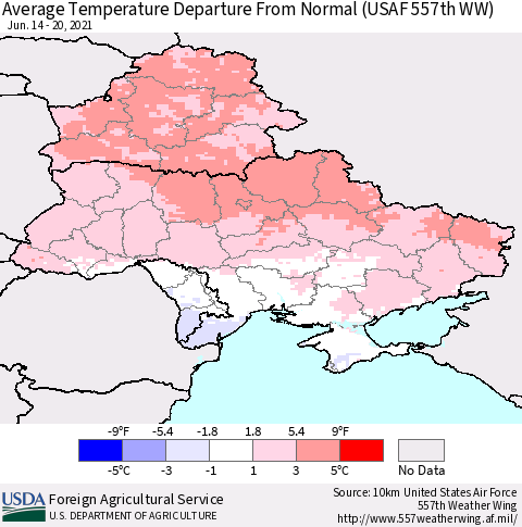 Ukraine, Moldova and Belarus Average Temperature Departure from Normal (USAF 557th WW) Thematic Map For 6/14/2021 - 6/20/2021