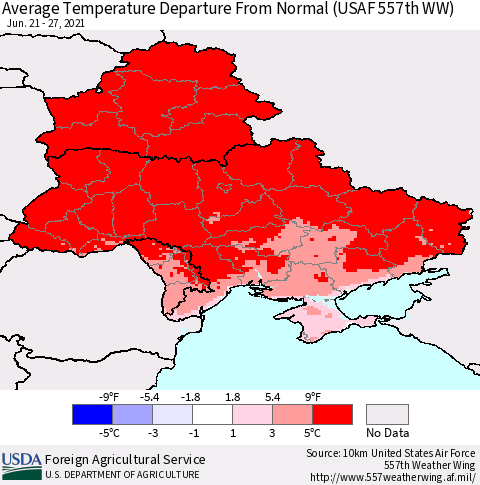 Ukraine, Moldova and Belarus Average Temperature Departure From Normal (USAF 557th WW) Thematic Map For 6/21/2021 - 6/27/2021