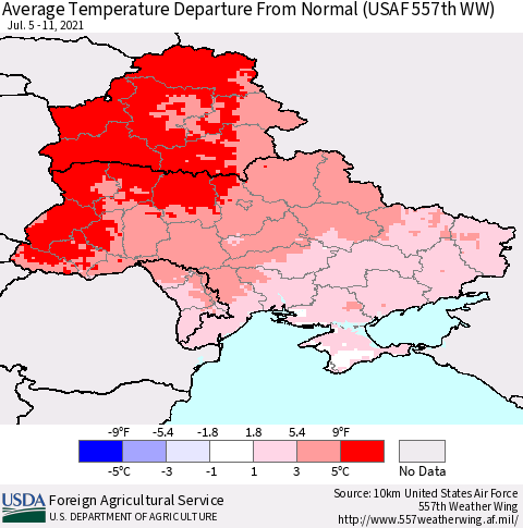 Ukraine, Moldova and Belarus Average Temperature Departure from Normal (USAF 557th WW) Thematic Map For 7/5/2021 - 7/11/2021