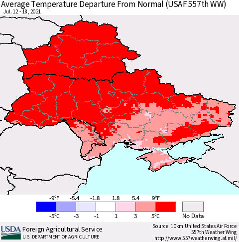 Ukraine, Moldova and Belarus Average Temperature Departure from Normal (USAF 557th WW) Thematic Map For 7/12/2021 - 7/18/2021