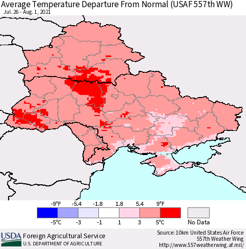 Ukraine, Moldova and Belarus Average Temperature Departure from Normal (USAF 557th WW) Thematic Map For 7/26/2021 - 8/1/2021