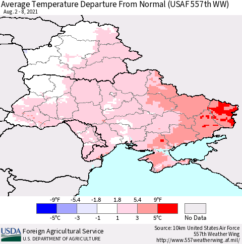 Ukraine, Moldova and Belarus Average Temperature Departure from Normal (USAF 557th WW) Thematic Map For 8/2/2021 - 8/8/2021