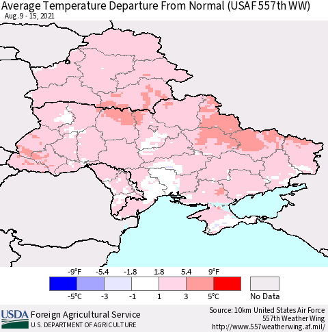 Ukraine, Moldova and Belarus Average Temperature Departure from Normal (USAF 557th WW) Thematic Map For 8/9/2021 - 8/15/2021
