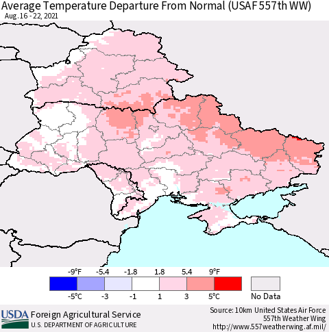 Ukraine, Moldova and Belarus Average Temperature Departure from Normal (USAF 557th WW) Thematic Map For 8/16/2021 - 8/22/2021