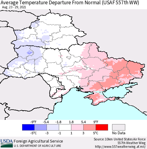 Ukraine, Moldova and Belarus Average Temperature Departure from Normal (USAF 557th WW) Thematic Map For 8/23/2021 - 8/29/2021