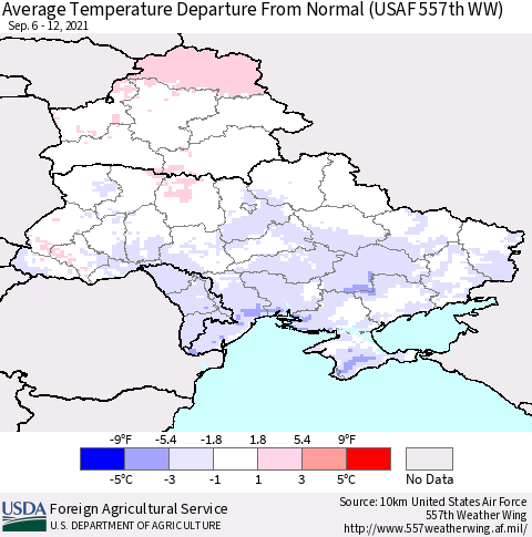 Ukraine, Moldova and Belarus Average Temperature Departure from Normal (USAF 557th WW) Thematic Map For 9/6/2021 - 9/12/2021