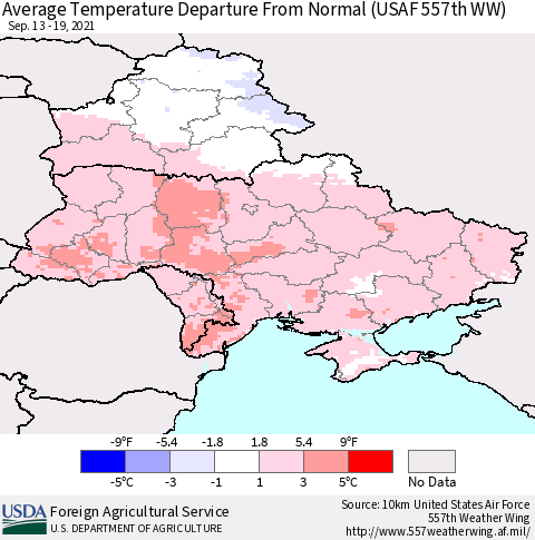 Ukraine, Moldova and Belarus Average Temperature Departure from Normal (USAF 557th WW) Thematic Map For 9/13/2021 - 9/19/2021