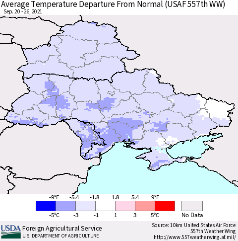 Ukraine, Moldova and Belarus Average Temperature Departure from Normal (USAF 557th WW) Thematic Map For 9/20/2021 - 9/26/2021