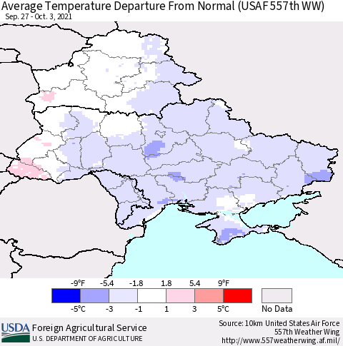 Ukraine, Moldova and Belarus Average Temperature Departure from Normal (USAF 557th WW) Thematic Map For 9/27/2021 - 10/3/2021