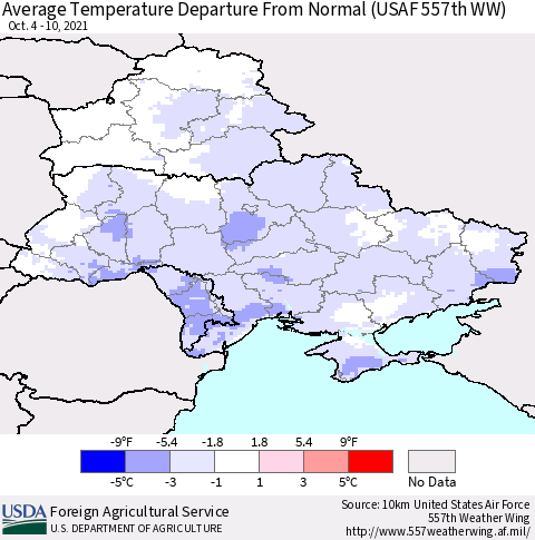 Ukraine, Moldova and Belarus Average Temperature Departure from Normal (USAF 557th WW) Thematic Map For 10/4/2021 - 10/10/2021