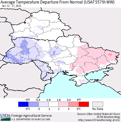 Ukraine, Moldova and Belarus Average Temperature Departure from Normal (USAF 557th WW) Thematic Map For 10/11/2021 - 10/17/2021
