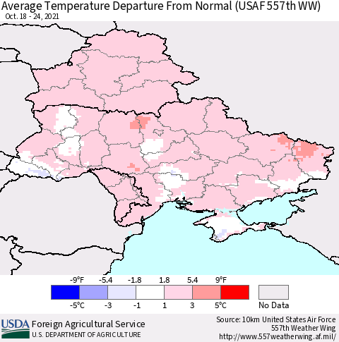 Ukraine, Moldova and Belarus Average Temperature Departure From Normal (USAF 557th WW) Thematic Map For 10/18/2021 - 10/24/2021