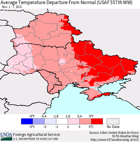 Ukraine, Moldova and Belarus Average Temperature Departure From Normal (USAF 557th WW) Thematic Map For 11/1/2021 - 11/7/2021