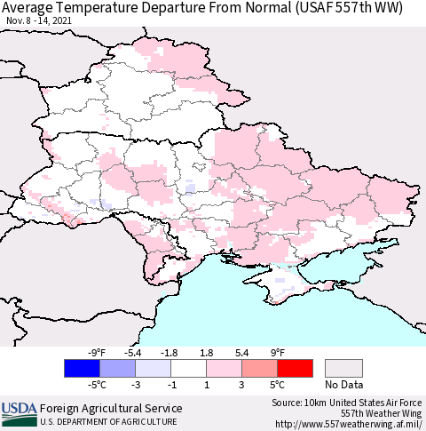 Ukraine, Moldova and Belarus Average Temperature Departure from Normal (USAF 557th WW) Thematic Map For 11/8/2021 - 11/14/2021