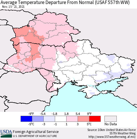 Ukraine, Moldova and Belarus Average Temperature Departure from Normal (USAF 557th WW) Thematic Map For 11/15/2021 - 11/21/2021