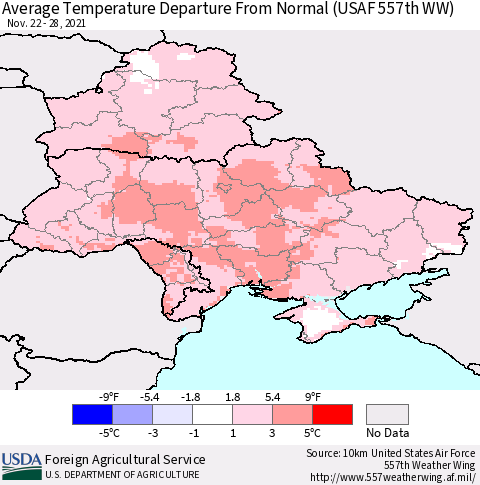 Ukraine, Moldova and Belarus Average Temperature Departure From Normal (USAF 557th WW) Thematic Map For 11/22/2021 - 11/28/2021