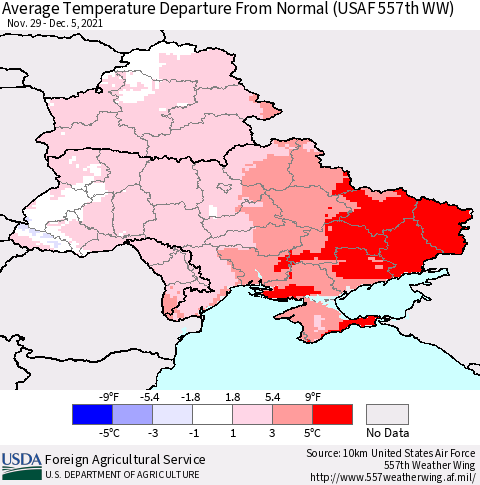 Ukraine, Moldova and Belarus Average Temperature Departure From Normal (USAF 557th WW) Thematic Map For 11/29/2021 - 12/5/2021